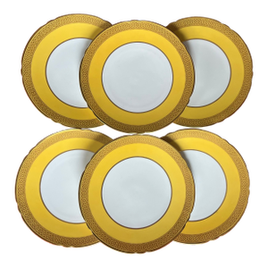 Antique Early 20th Century Spode Porcelain Yellow & Gold Honeycomb 9" China Plates - Set of 6