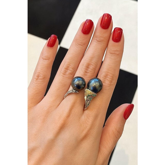 Gemstone Bochic “Orient” Vintage South Sea Pearl & Fancy Sapphires Ring Set 18K Gold & Si For Sale - Image 7 of 9