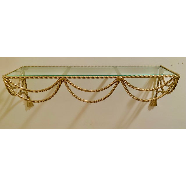 Brass Vintage Solid Brass Tassel Wall Shelf With Glass Top For Sale - Image 8 of 9