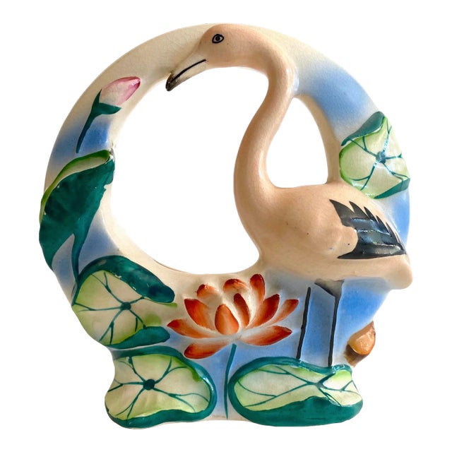Vintage Art Deco 1940's Japan Art Pottery Hand Painted Flamingo Bird Porcelain Wall Pocket Vase For Sale