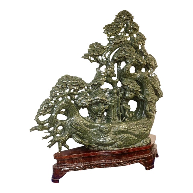 Chinese Carved Jade Sculpture With Shou Lao, Deer, and Dragon Base 36” For Sale