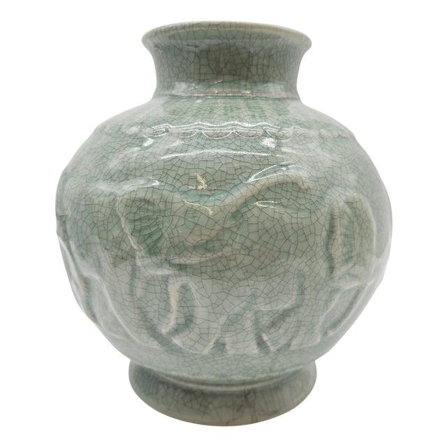 Maitland Smith Thai Celadon Crackle Glazed Porcelain Vase With Elephant Relief For Sale