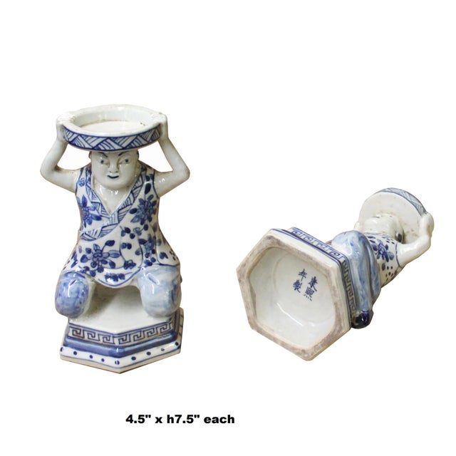 Oriental Ceramic Blue White Man Holding Dish Figure For Sale In San Francisco - Image 6 of 7