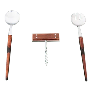 Mid Century Danish Modern Rosewood Stainless Steel Serving Spoon, Fork & Cork Screw Set- 3 Pieces