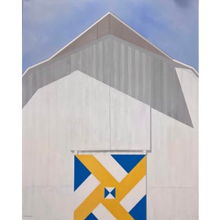 Sunrise by Justin Wheatley | Acrylic on Canvas White Barn With Yellow and Blue Quilt Block For Sale