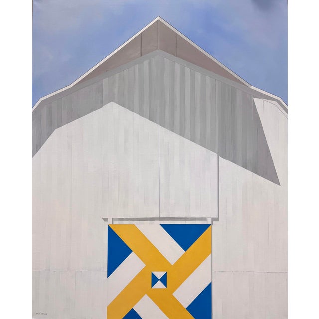 Sunrise by Justin Wheatley | Acrylic on Canvas White Barn With Yellow and Blue Quilt Block For Sale