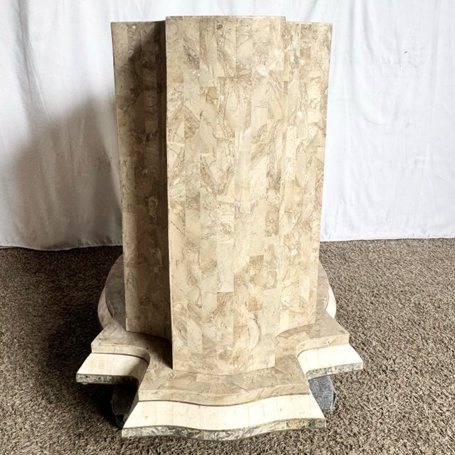 1990s Postmodern Sculpted Grey White and Tan Tessellated Stone Dining Table Base With Brass Inlay For Sale - Image 5 of 10