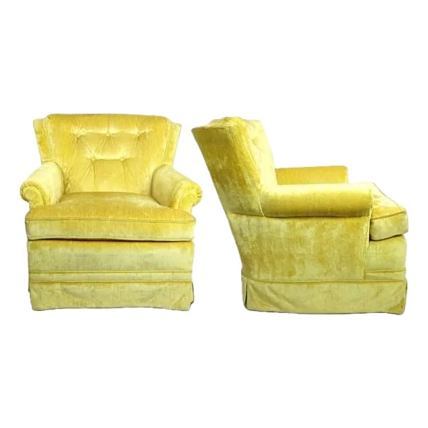 Vintage Sunshine Daffodil Yellow Velvet Lounge Chairs - A Pair For Sale
