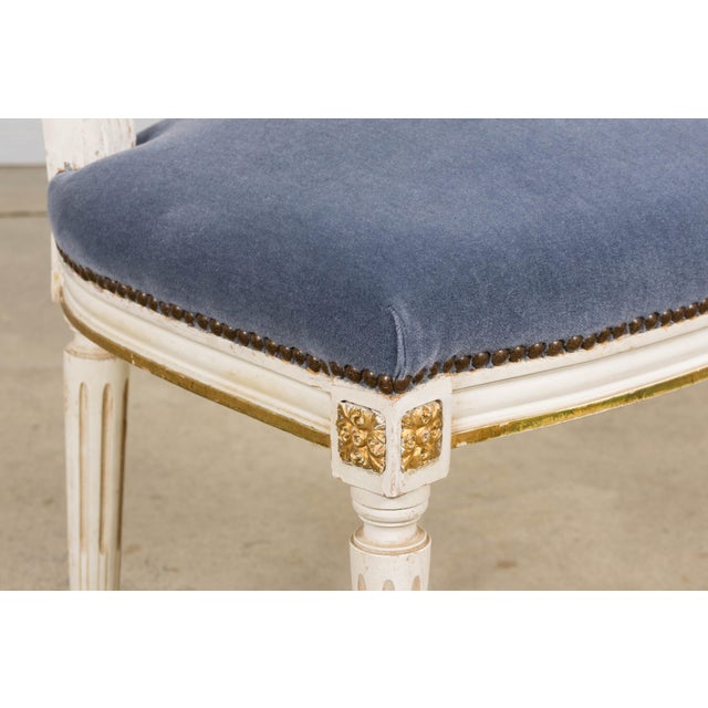 Antique French Louis XVI Style Painted Accent Chairs in Blue Mohair - A Pair For Sale - Image 9 of 18