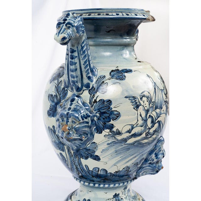 Antique Stagnone Vase in Glazed Majolica with Double-Handled Sides, 1700s For Sale - Image 3 of 7
