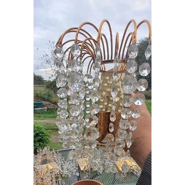 Palwa 1960's Swedish Regency/ MCM Cut Crystal Waterfall 24k Gold Frame Wall Sconces by Palwa Set of 6 For Sale - Image 4 of 12