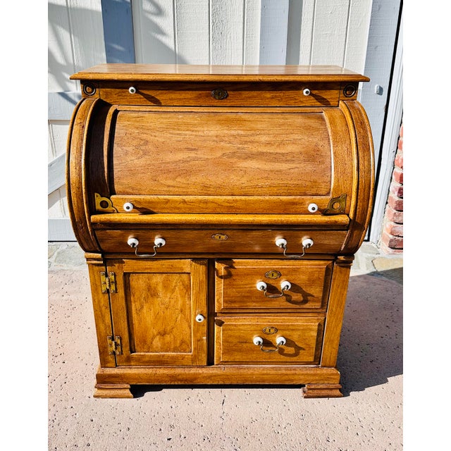 1980s Vintage Riverside Furniture Oak Roll Top Secretary Desk With