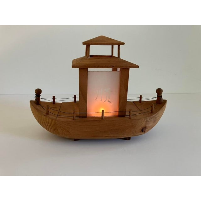 Vintage Japanese Wooden Boat Lamp With Frosted Glass Panel For Sale - Image 4 of 5