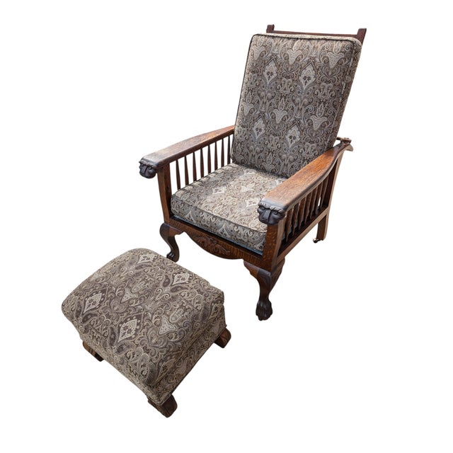 Early 20th Century Antique Arts & Crafts Carved Oak Morris Recliner & Ottoman For Sale - Image 5 of 11