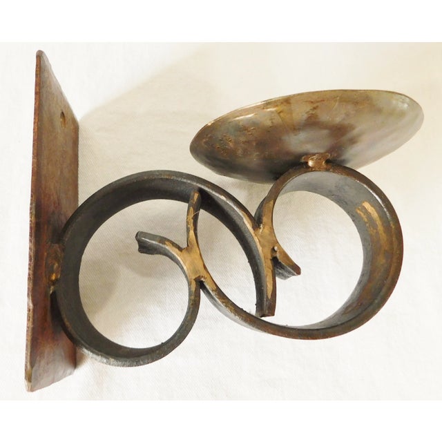 Pair Antique French Black & Gold Scroll Wrought Iron Candle Holder Wall Sconces For Sale - Image 10 of 12
