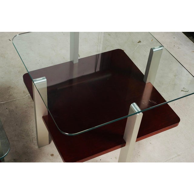 Wood Mid 20th Century Pair of Bernhardt Contemporary Glass & Brushed Aluminum End Tables For Sale - Image 7 of 9