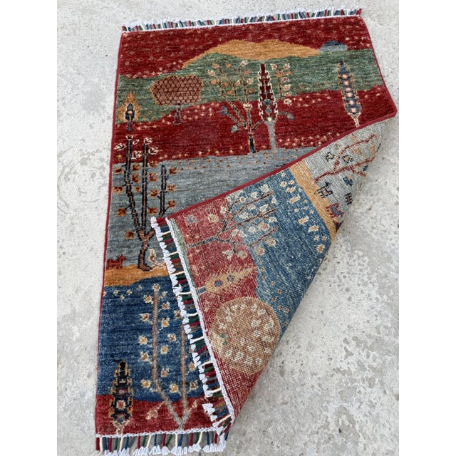 Gabbeh Caravan Red & Green Hand-Knotted Wool Area Rug For Sale - Image 12 of 12