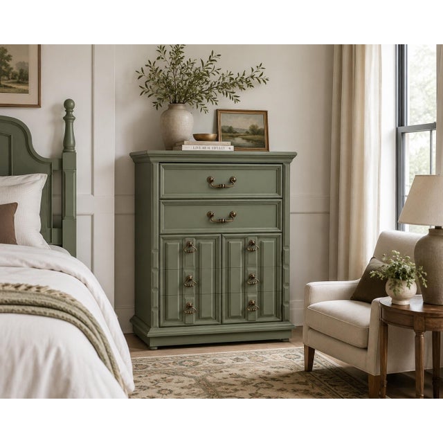 A beautifully reimagined vintage five-drawer dresser finished in our signature Old Chapel Sagewood™ green — a muted,...