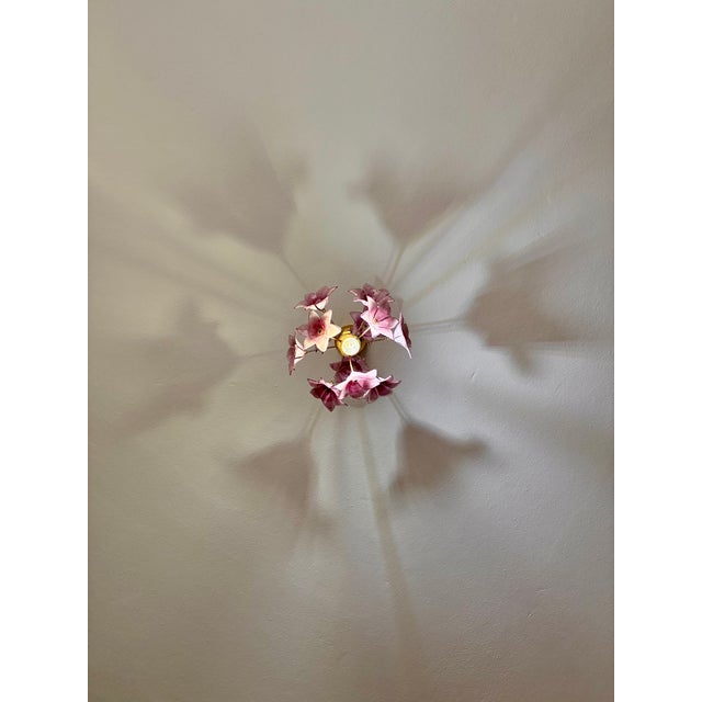 Glass Vintage Italian Murano Style Hand-Painted Pink Floral Pendant Light, Romantic Glass Blossom Chandelier, Dramatic Ceiling Shadow Display For Sale - Image 7 of 17
