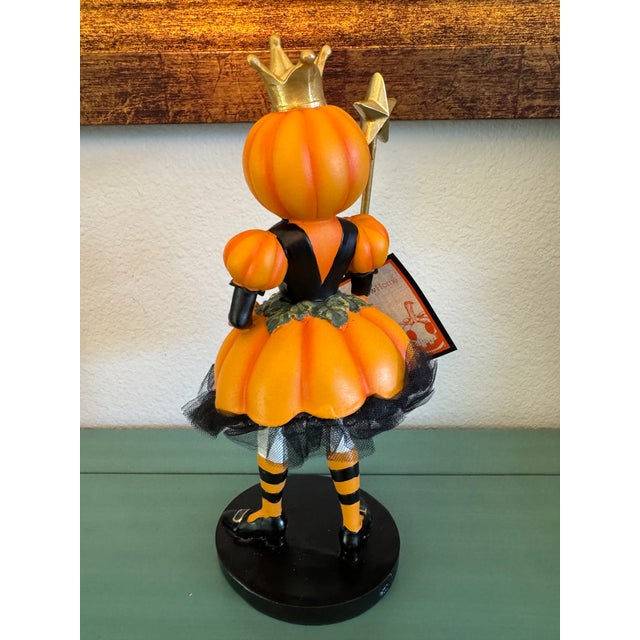 Whimsical Halloween Girl, Pumpkin Head Sculpture, With a Crown and Wand With Star Cheerful For Sale - Image 4 of 8