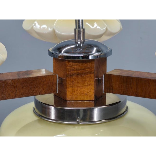 Cream Art Deco Czechoslovak Chandelier in Walnut Chrome and Glass, 1940s For Sale - Image 8 of 13