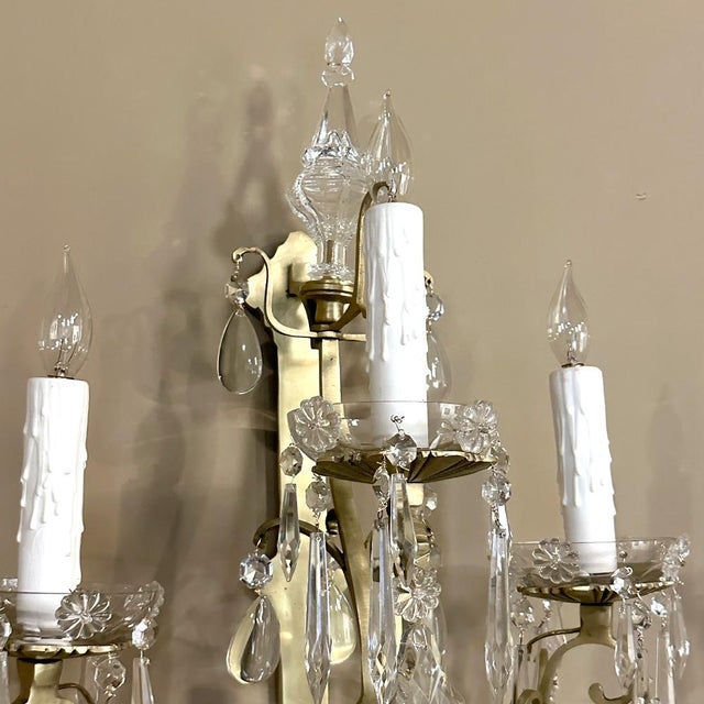 Pair of Vintage Solid Brass and Cut Crystal Wall Sconces For Sale - Image 15 of 18