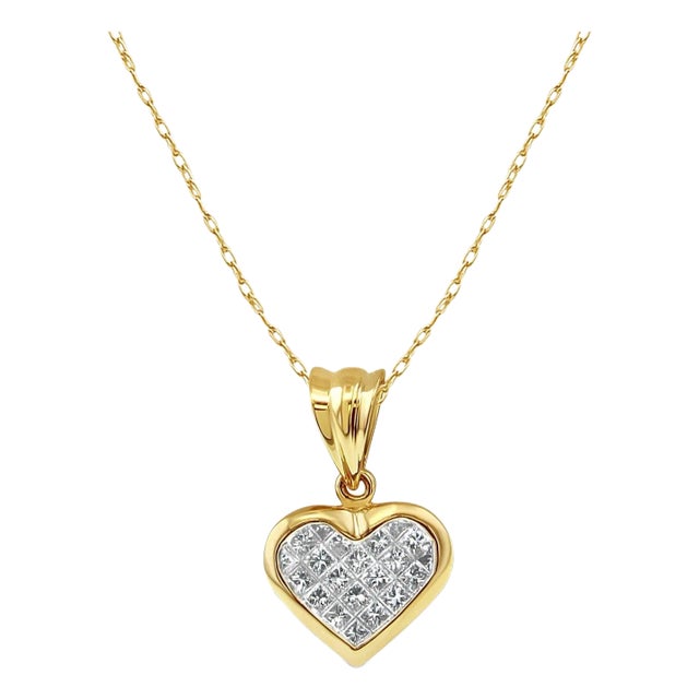 Princess Cut Heart Shaped Neclace .50cttw 14k Yellow Gold For Sale