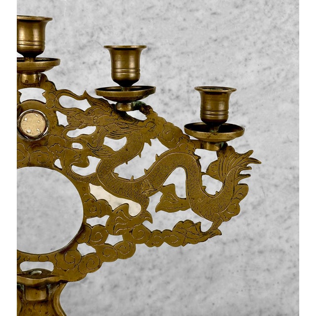 Brass Vintage Hollywood Regency Chinese Brass Candelabra Candlestick Holder For Sale - Image 8 of 12