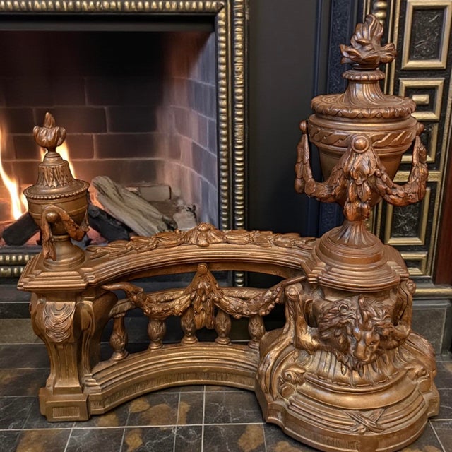 Antique French Louis XV Pair Gilt Bronze Lion Fireplace Decorative Chenets / Andirons For Sale - Image 4 of 9