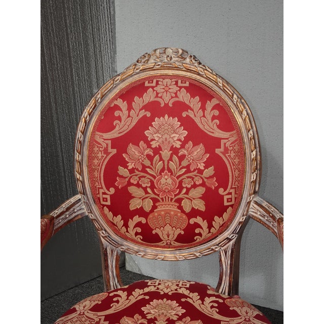 Vintage French Louis XVI Red & Silver Settee and Pair Chairs ~ Set of Three For Sale - Image 10 of 12
