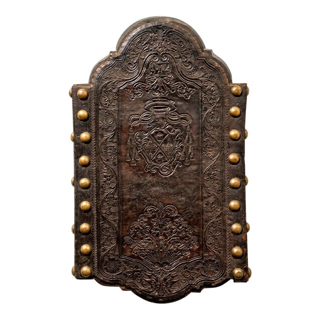 18th Century Portuguese Embossed Leather Panels W/Heraldic Crest & Brass Studs- A Pair For Sale