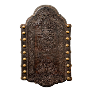 18th Century Portuguese Embossed Leather Panels W/Heraldic Crest & Brass Studs- A Pair
