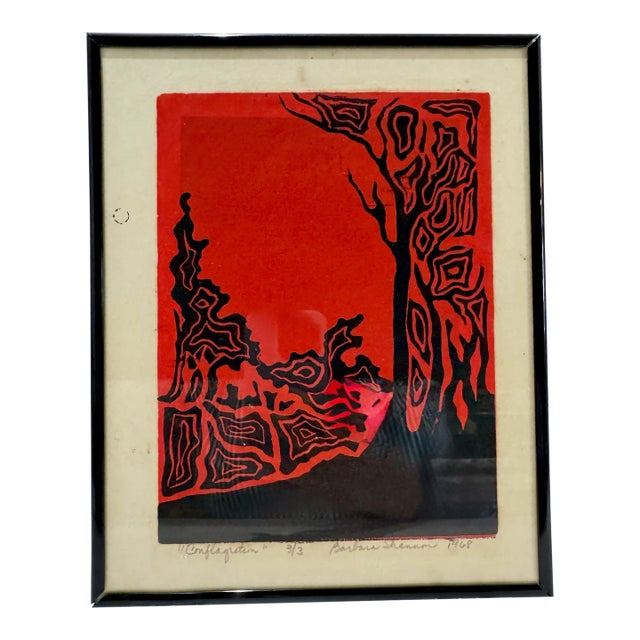 Mid 20th Century Signed Original Woodcut Print "Conflagration" Barbara Shannon Edition 3/3 Expressionist Framed 10x8 For Sale