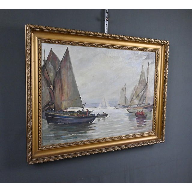 Bustad, Painting Sailboats on a Calm Sea, 1928, Oil on Canvas For Sale - Image 3 of 15