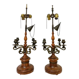 Vintage Chapman Italian Turned Wood With Bronze Candelabra Made Into Lamps- a Pair