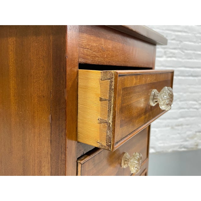 Pair of Federal Style Narrow Mahogany Dressers | 1920's Skinny Nightstands Glass Knobs For Sale - Image 12 of 13