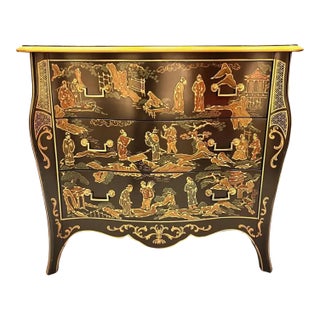 Vintage Drexel Et Cetera Chinoiserie Black Lacquer Serpentine Chest of Drawers For Sale
