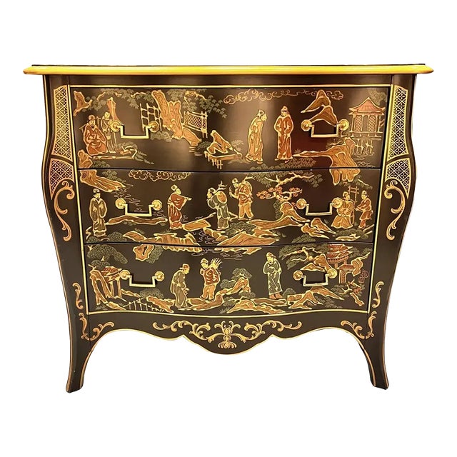 Vintage Drexel Et Cetera Chinoiserie Black Lacquer Serpentine Chest of Drawers For Sale