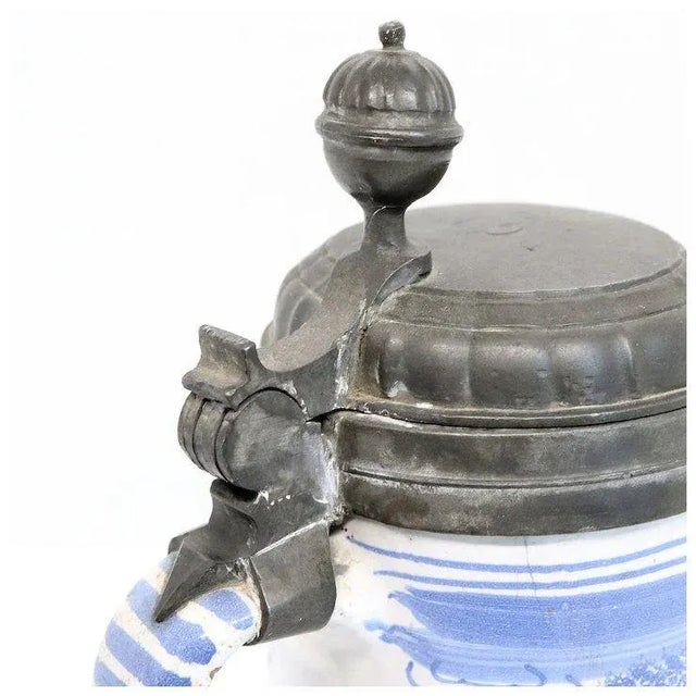 German Bayreuth Faience Pottery Pewter Mounted Blue and White Tankard For Sale - Image 9 of 13