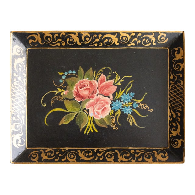 Vintage French Black Hand Painted Floral Gilt Tole Tray For Sale