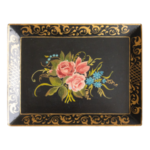 Vintage French Black Hand Painted Floral Gilt Tole Tray