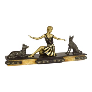 Art Deco Patinated Bronze Sculpture of Lovely Seated Lady With German Shepherds For Sale