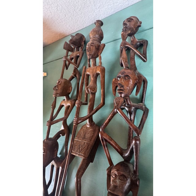 African Ebony Stick Totem Figures, Malawi Tribal Wooden Sculptures 3 Pc Each Carving 12.5" Tall to 12 3/4". Stands Stable....