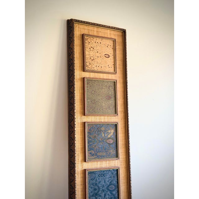 Oversized Tall Vertical Textile Panel With Batik Insets and Grasscloth Backing, Carved Custom Wood Frame, Architectural Wall Art For Sale - Image 9 of 12