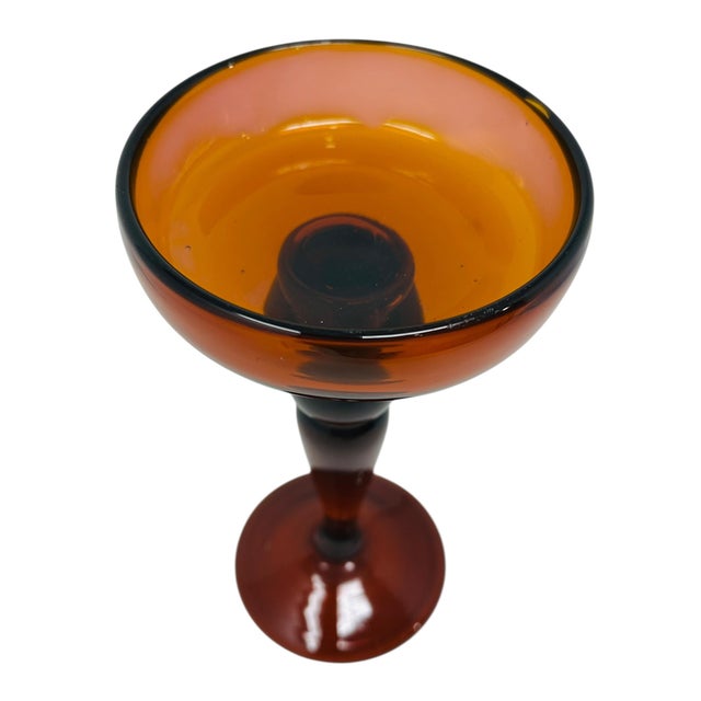 Vintage Mid-Century Modern Amber Glass Compote Dish | Italian Empoli Style Pedestal Candle Holder | MCM Home Decor | Blown Glass Centerpiece For Sale - Image 4 of 8