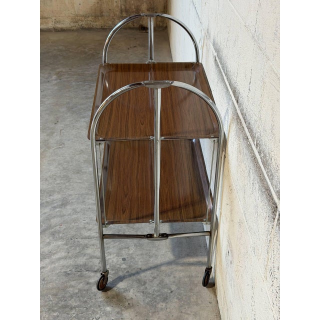 Wood Chrome Folding Rolling Bar Cart With Wood Grain Trays Mid-Century Modern 1970s For Sale - Image 7 of 10