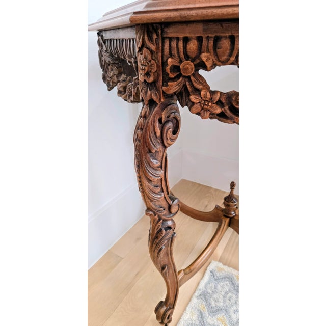 Victorian Octagonal Black Marble Accent Table – Ornate Carved Wood Base For Sale - Image 4 of 9