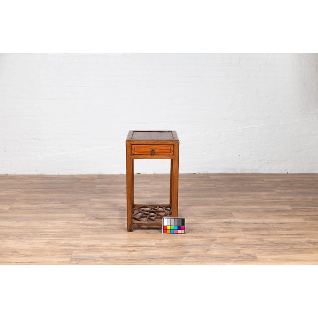 Chinese Vintage Elmwood Lamp Table With Single Drawer and Cracked Ice Shelf For Sale - Image 9 of 13