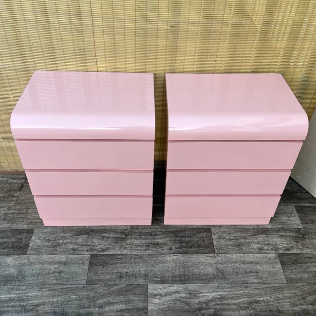 A Pair of Custom Made Postmodern Pink Waterfall Formica Nightstands. Circa 1980s For Sale - Image 4 of 18