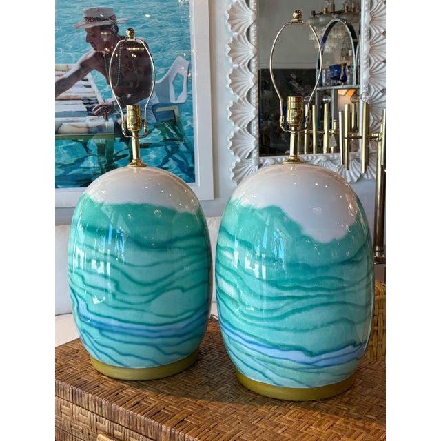 Vintage Pair Ceramic Watercolor Blue Green Modern Coastal Table Lamps Rewired For Sale - Image 11 of 12